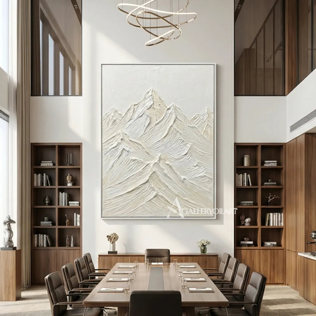 Textured-3D-layered-raised-mountain-peaks-Matte-white-ivory-pale-gray-and-soft-stone-wall-art-in-dining-room