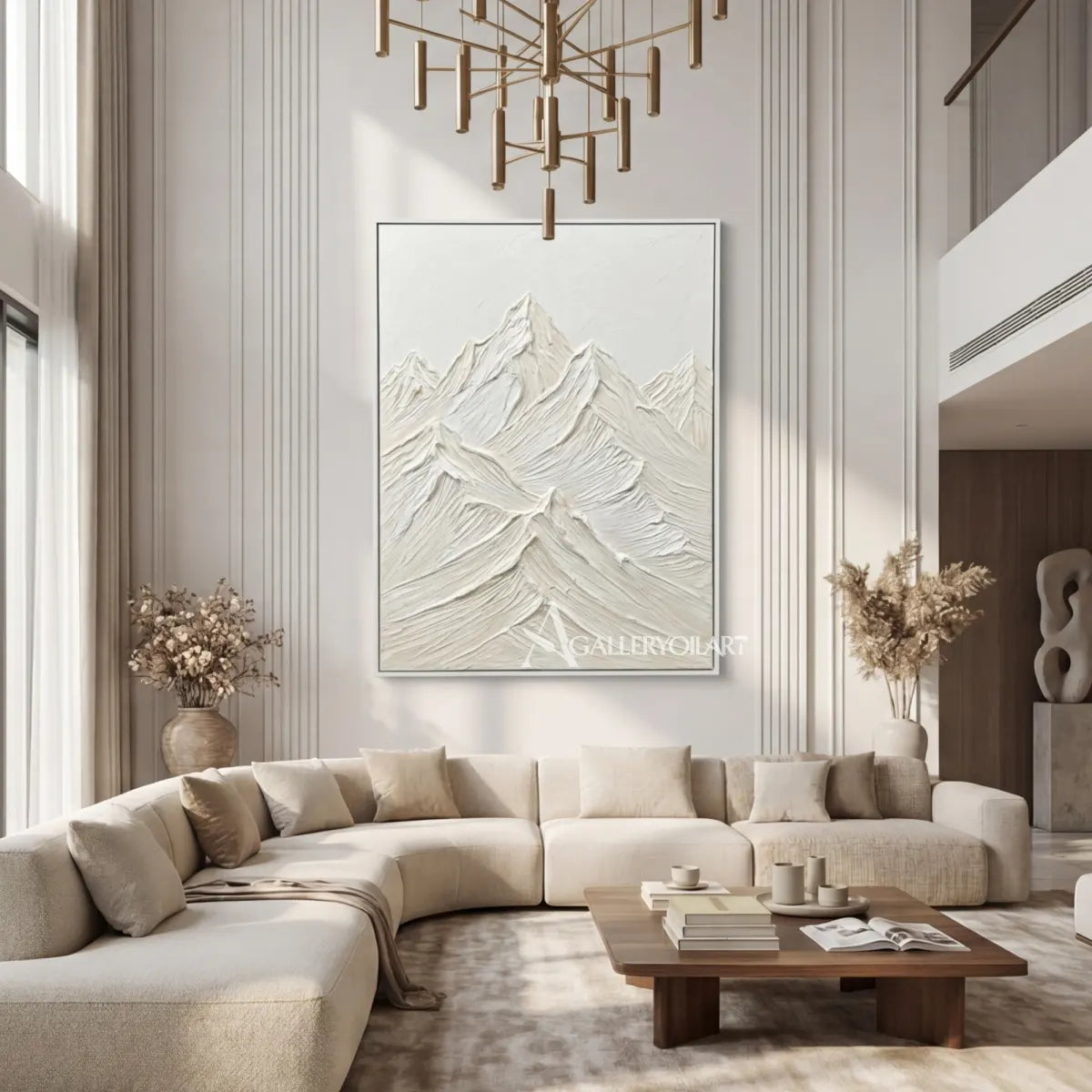 Textured-3D-layered-raised-mountain-peaks-Matte-white-ivory-pale-gray-and-soft-stone-wall-art-in-living-room