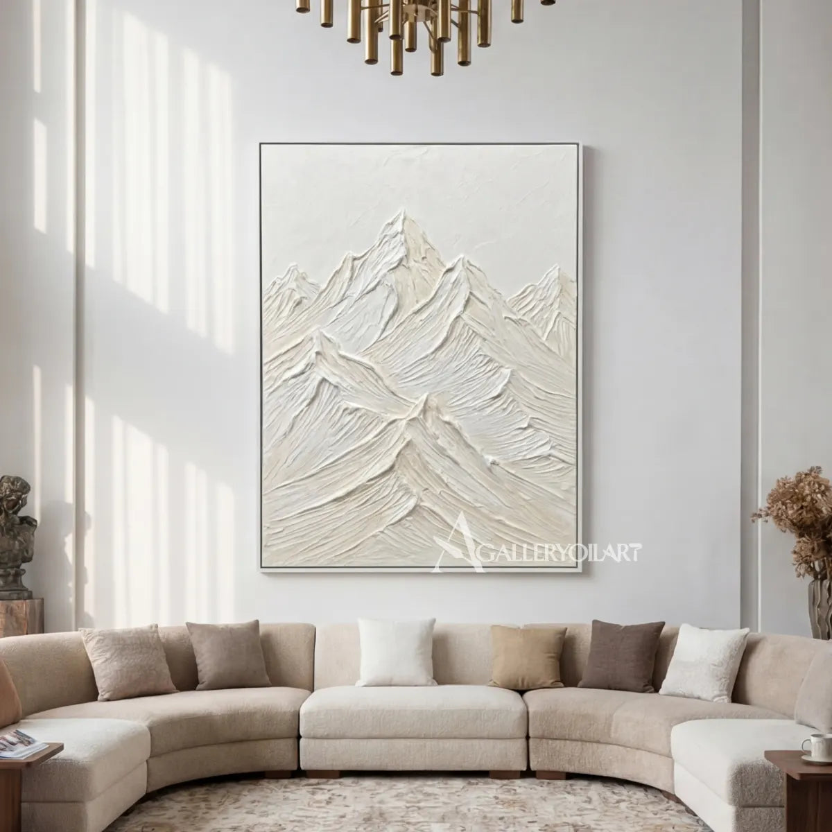 Textured-3D-layered-raised-mountain-peaks-Matte-white-ivory-pale-gray-and-soft-stone-wall-art-in-sofa-room
