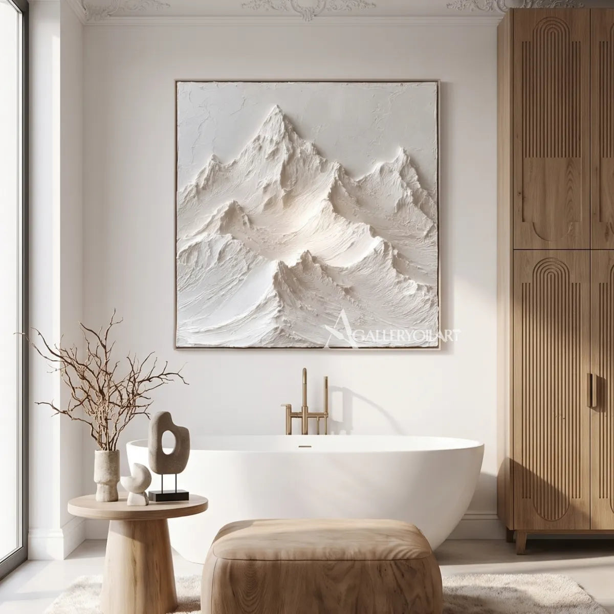 White-mountain-landscape-relief-wall-art-in-a-calm-bathroom