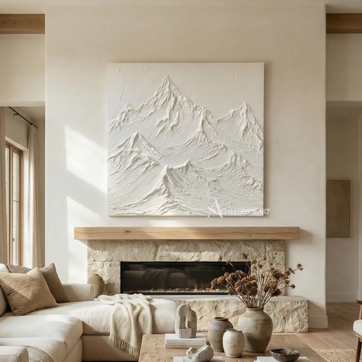 textured-3d-layered-mountain-peaks-matte-white-soft-gray-ivory-and-pale-stone-wall-art-in-fireplace-room