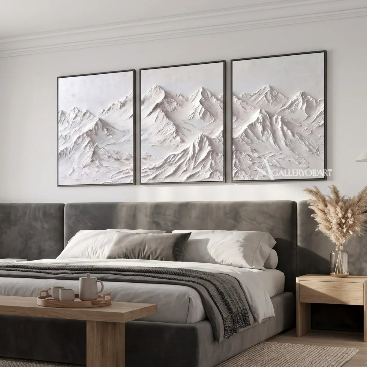 White-textured-mountain-ridge-triptych-in-a-neutral-bedroom