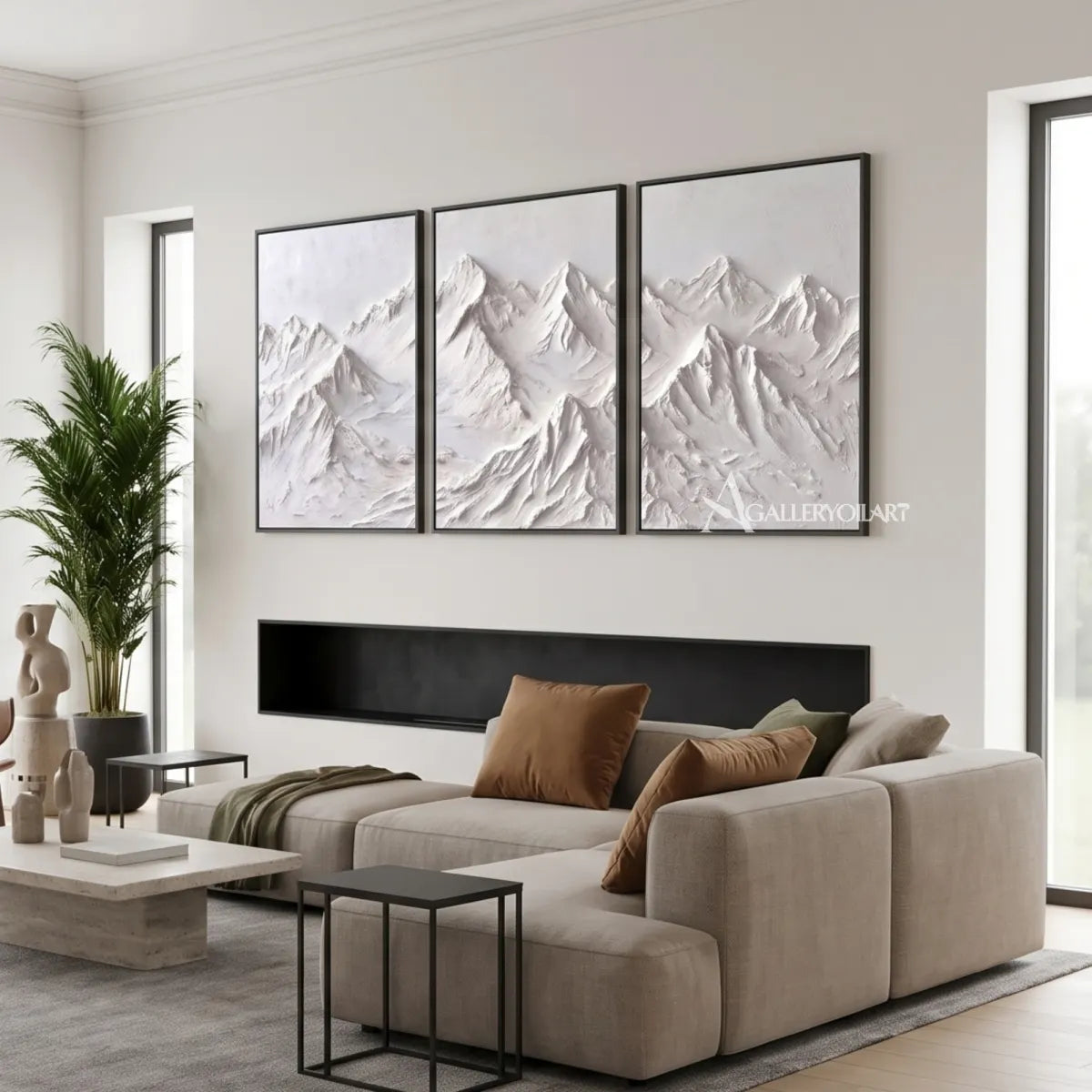 White-textured-mountain-ridge-triptych-above-a-modern-fireplace