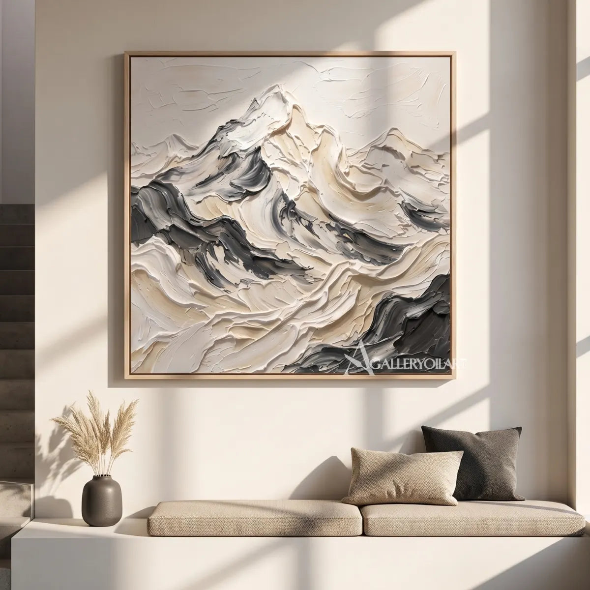 a layered mountain range shaped by sweeping raised strokes-textured-3d-white-gallery-room