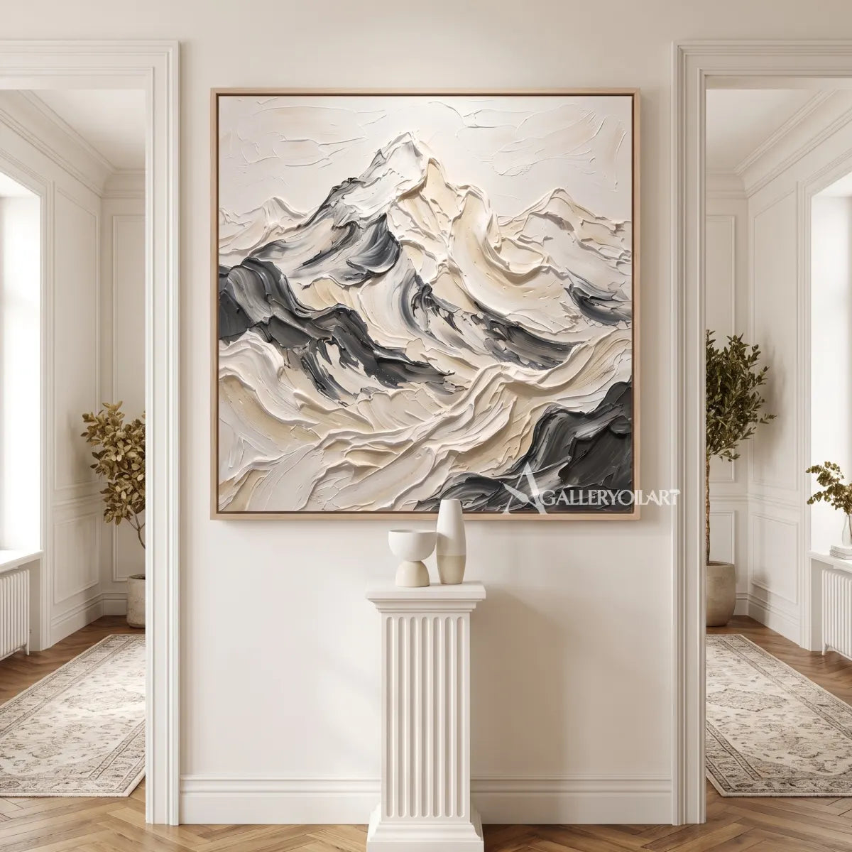 a layered mountain range shaped by sweeping raised strokes-textured-3d-white-hallway