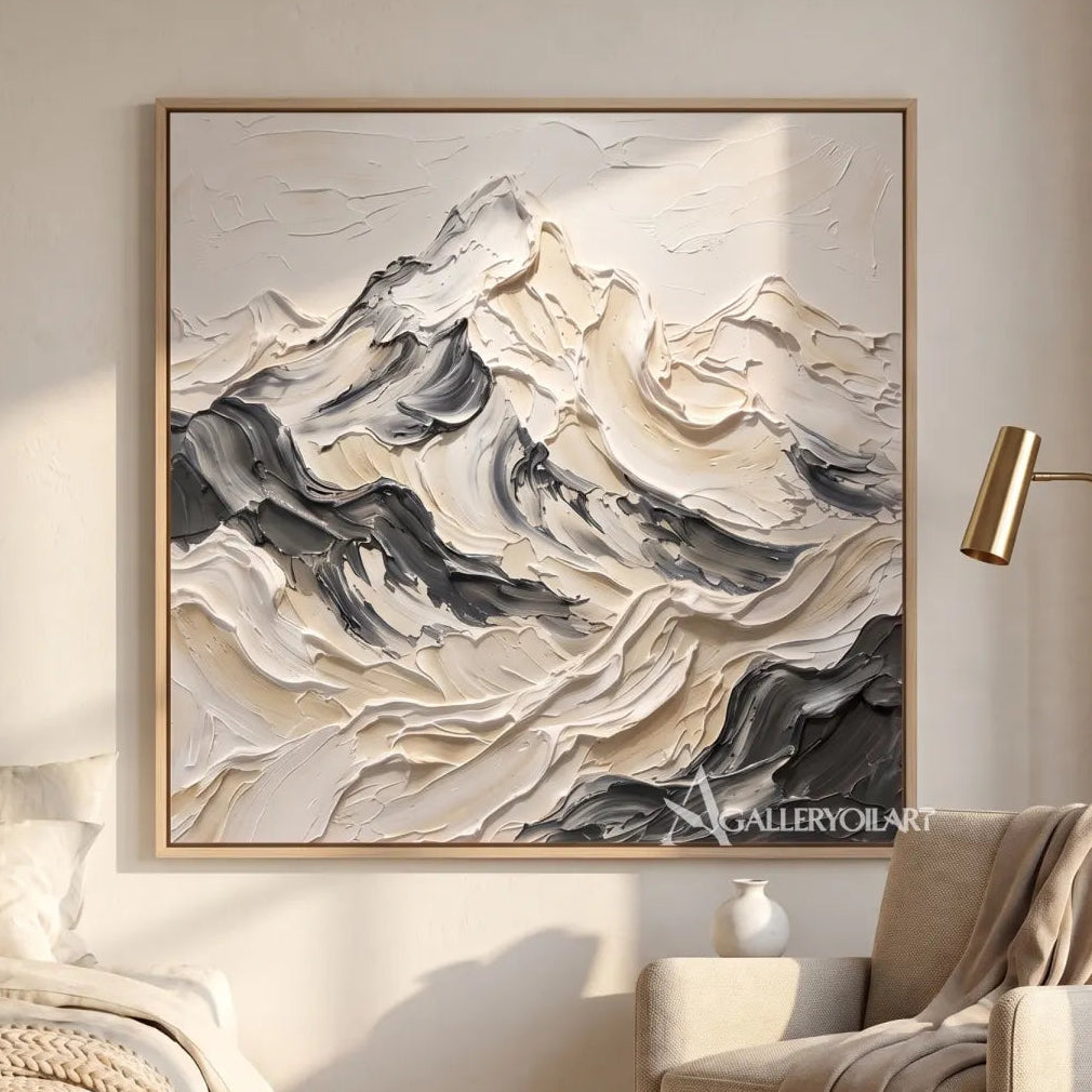 a layered mountain range shaped by sweeping raised strokes-textured-3d-white-painting-detail
