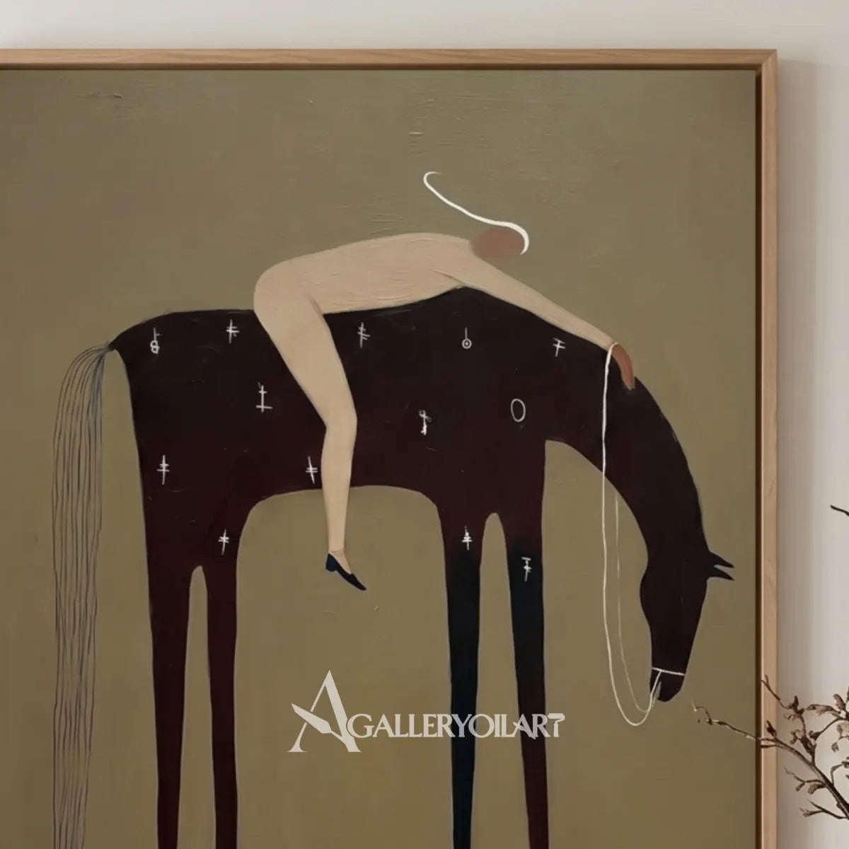 Western-cowboy-art-of-a-cream-clad-rider-on-a-black-horse-against-an-olive-green-ground