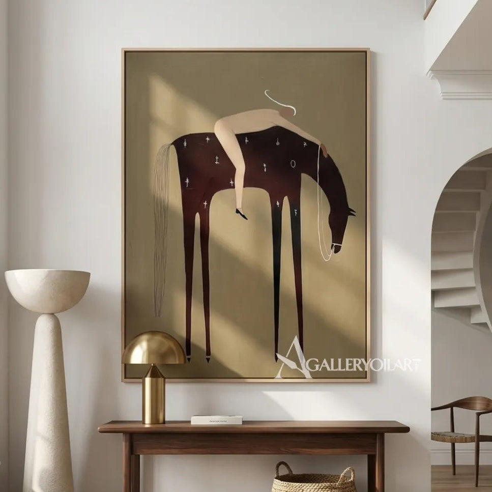 Western-cowboy-art-of-a-rider-on-a-black-horse-against-an-olive-green-field-displayed-above-an-entry-console