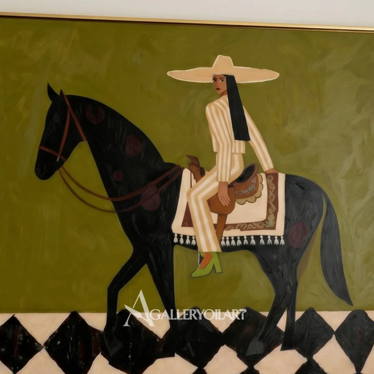 Mounted-pattern-western-cowboy-art-detail-in-green