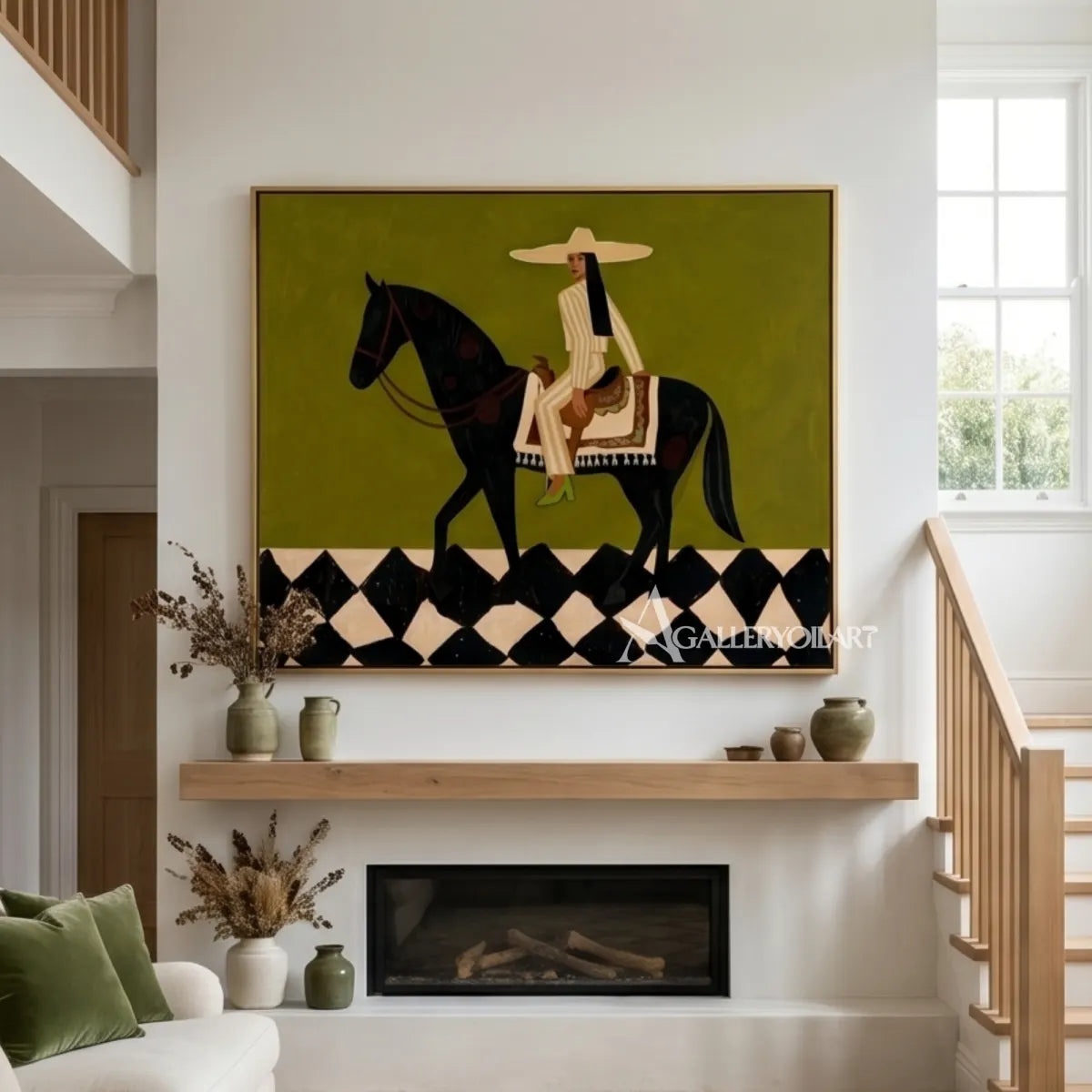 Mounted-pattern-western-cowboy-art-in-green-in-a-hallway