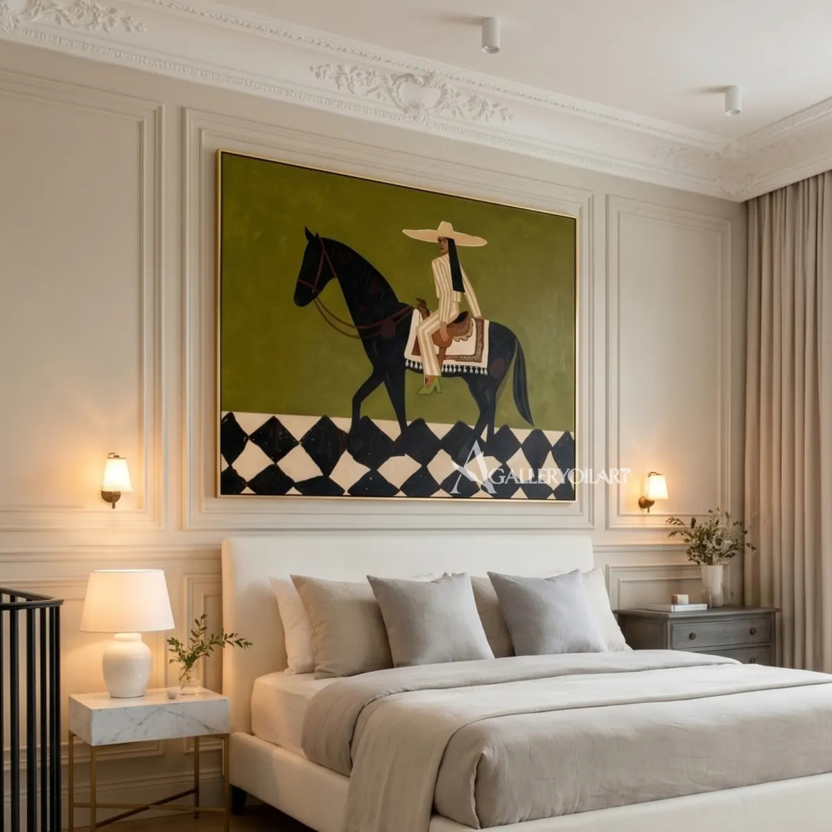 Mounted-pattern-western-cowboy-art-in-green-in-a-living-room