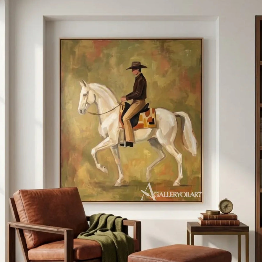 Western Cowboy rider on a white horse in an earthy equestrian painting-in-reading-lounge