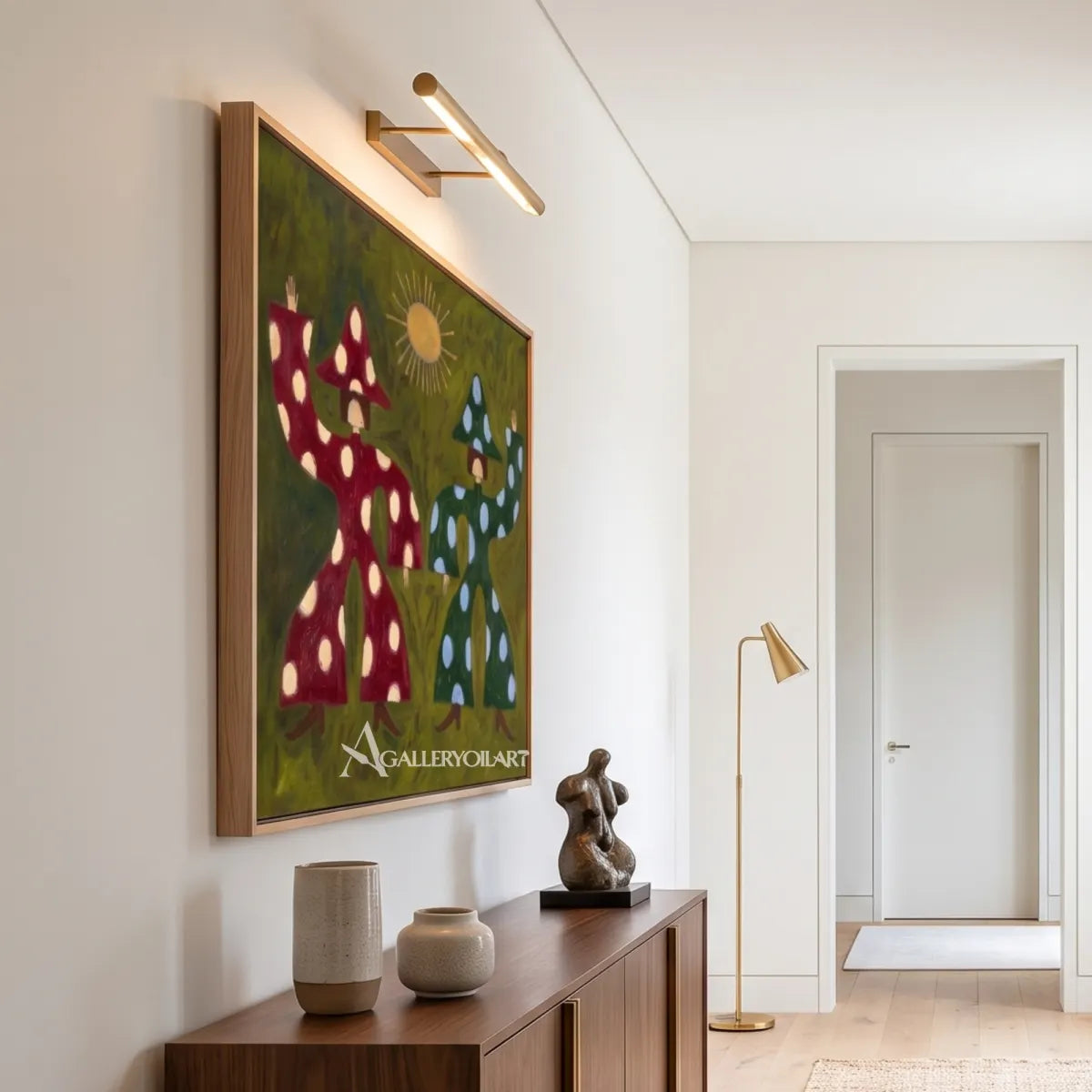 folk-art-mushroom-figures-in-green-and-red-seen-at-an-angle-in-a-hallway