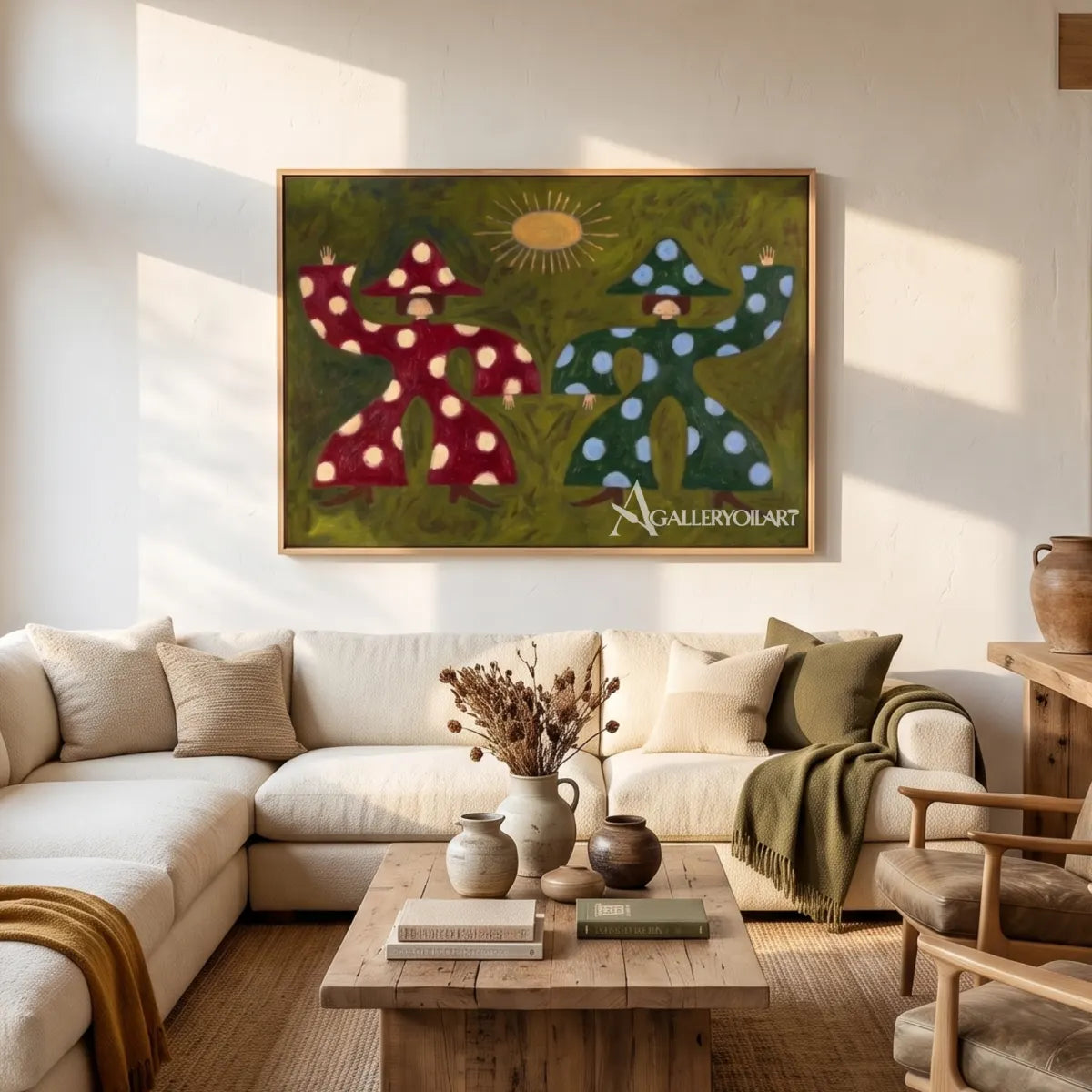 folk-art-mushroom-pair-in-green-burgundy-and-cream-above-seating-in-a-sunlit-lounge