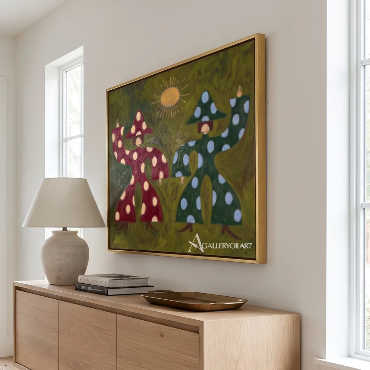 folk-art-pair-of-mushroom-figures-in-green-burgundy-and-cream-above-a-wooden-sideboard