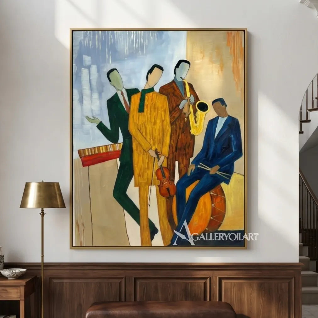 Portrait-art-painting-of-a-five-piece-musician-ensemble-with-saxophone-violin-and-drums-in-blue-and-ochre-in-a-contemporary-room