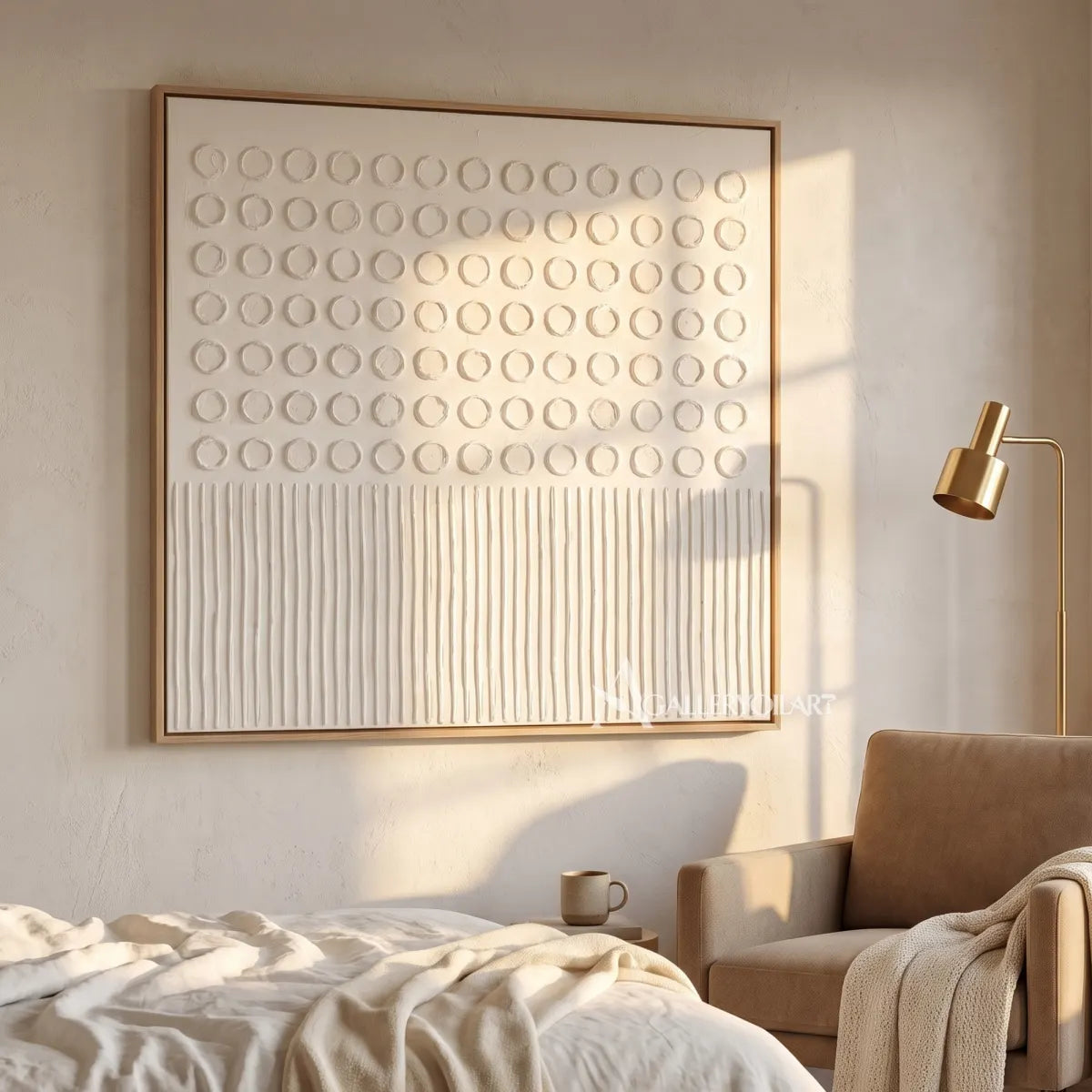 abstract-art-row-of-raised-beige-circles-over-fine-lines-in-a-bedroom-reading-nook