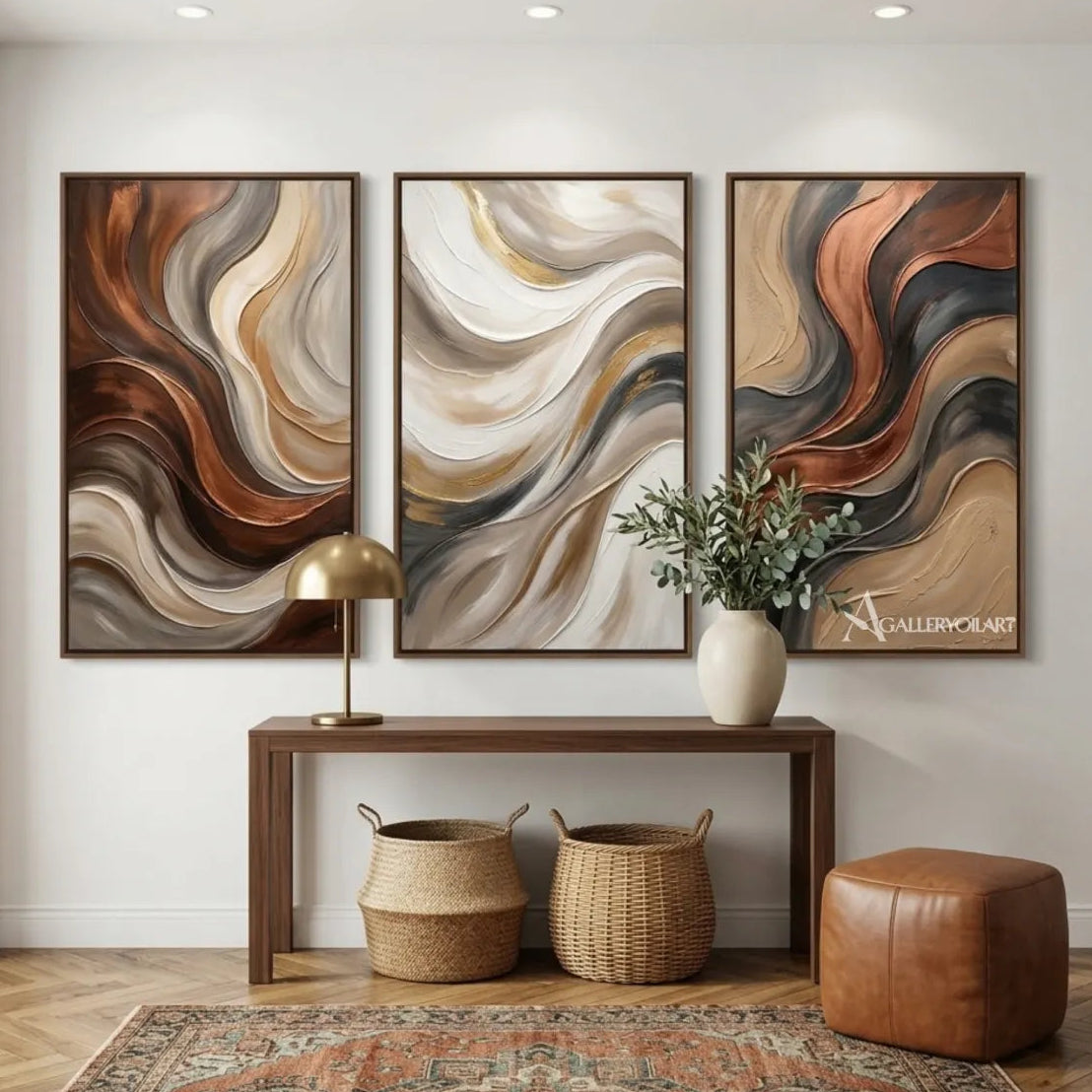 Three-panel-neutral-abstract-currents-in-textured-3d-beige-wall-art-in-entryway