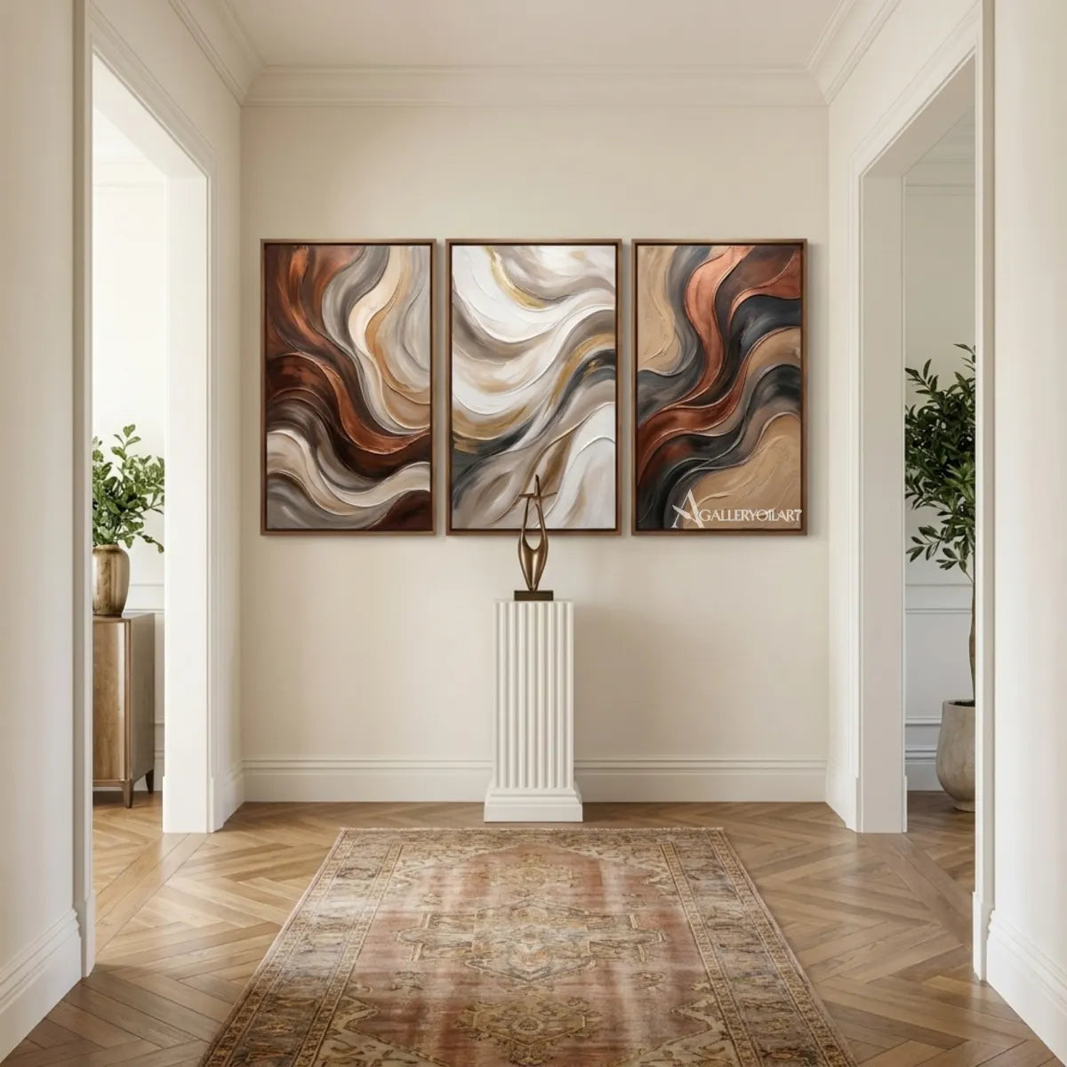 Three-panel-neutral-abstract-currents-in-textured-3d-beige-wall-art-in-hallway