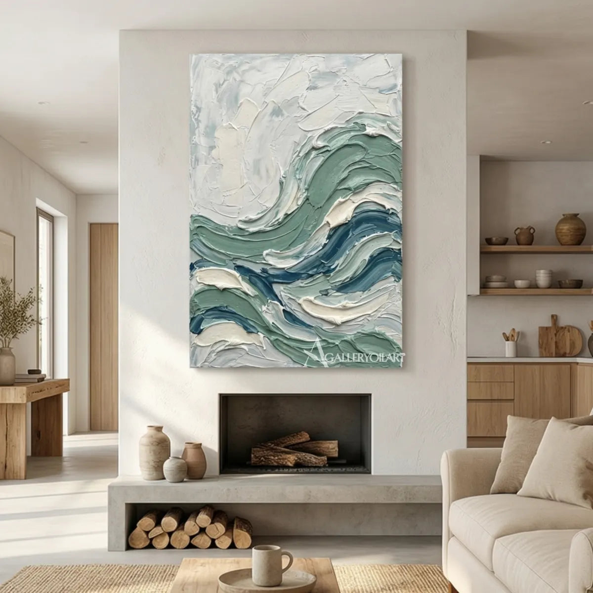 Textured-3D-ocean-wave-blue-and-white-wall-art-above-a-blue-sofa