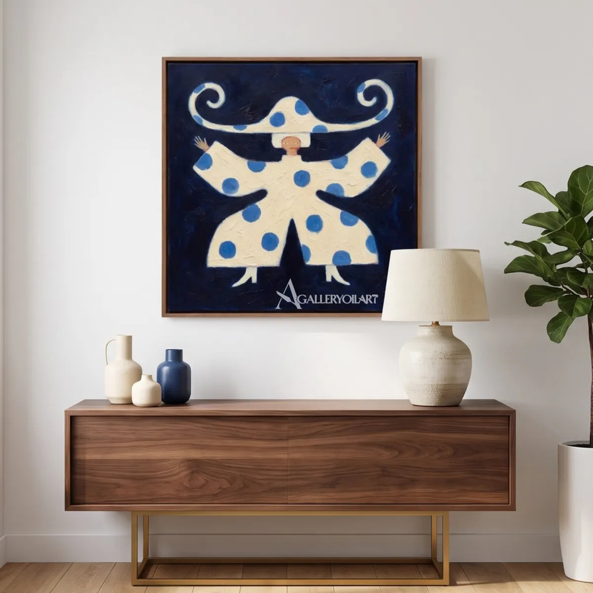 folk-art-figure-above-a-wood-console-in-folk-art-style-with-blue-and-cream-colors