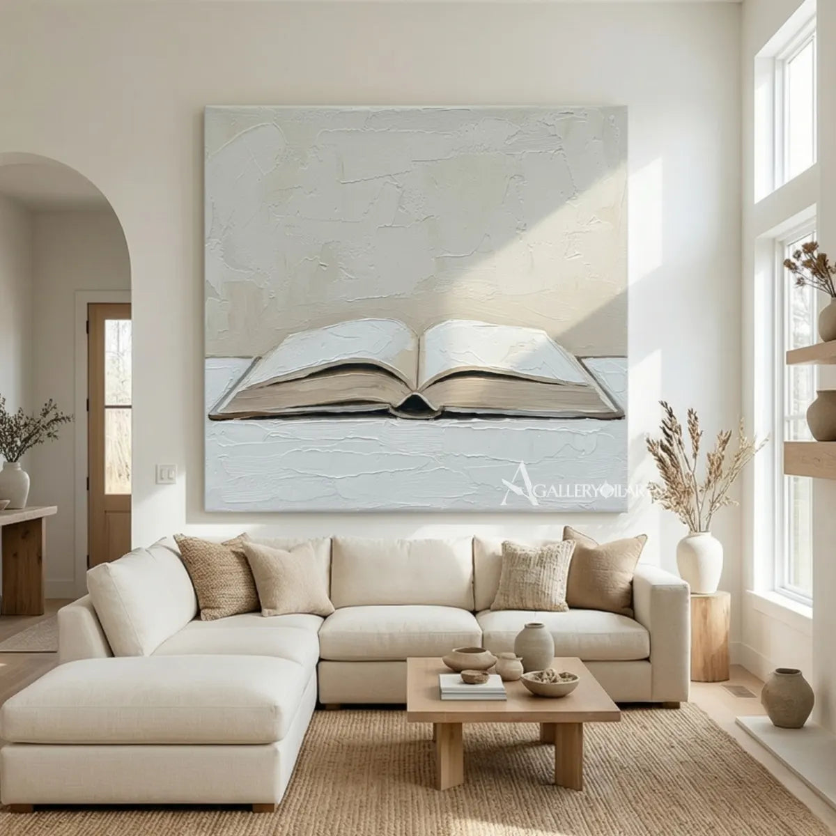textured-3d-an-open-book-in-raised-relief-ivory-cream-pale-gray-warm-taupe-and-muted-brown-wall-art-in-console-room