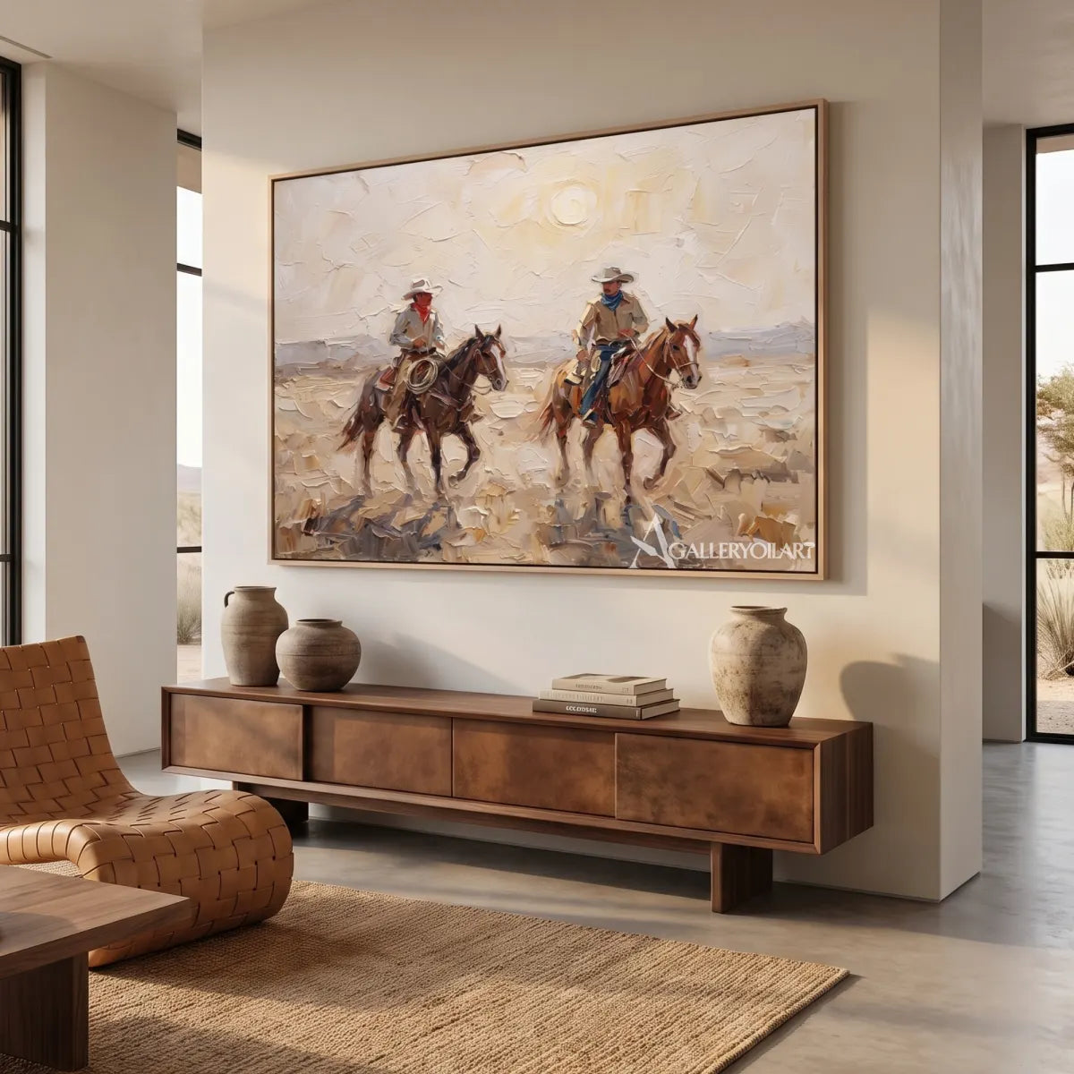 open-range-riders-western-cowboy-beige-wall-art-in-a-living-room