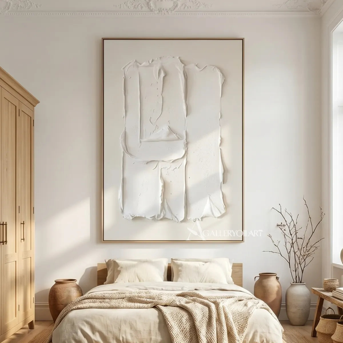 Open-white-textured-3d-relief-wall-art-in-a-bedroom