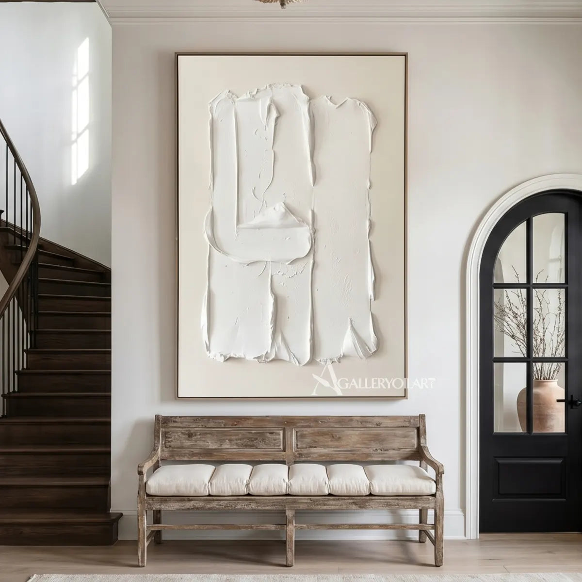 Open-white-textured-3d-relief-wall-art-above-a-bench