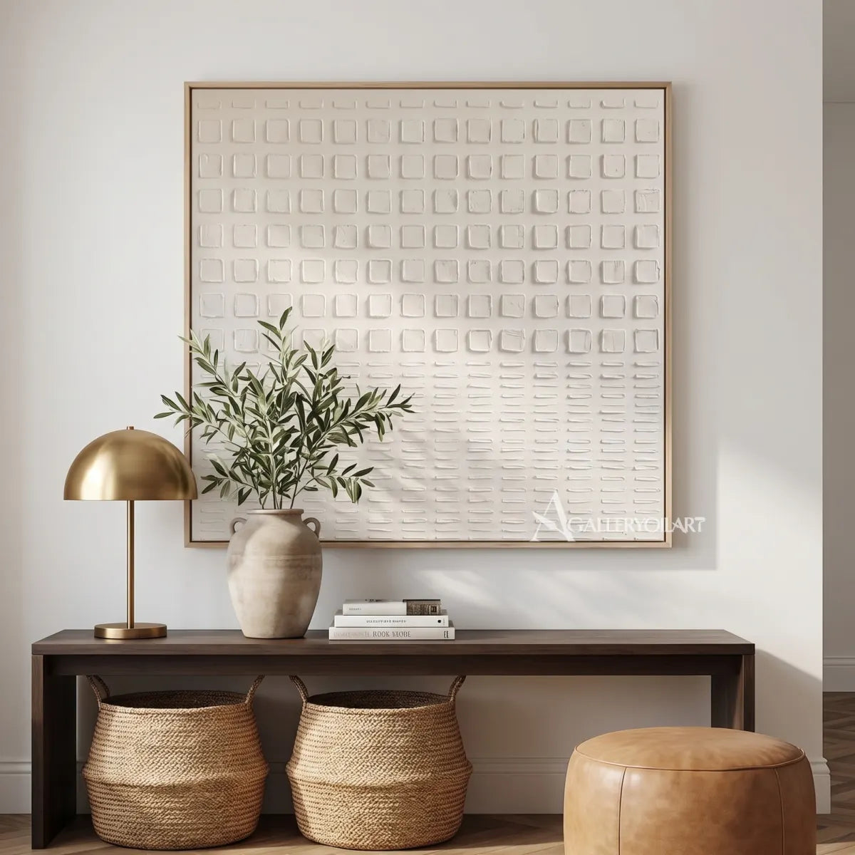 Textured 3D ordered square passage in white relief in a gallery wall
