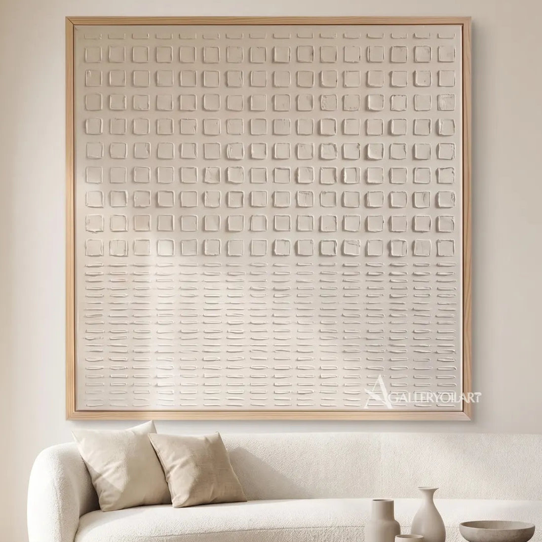 Textured 3D ordered square passage in white relief in a modern entryway