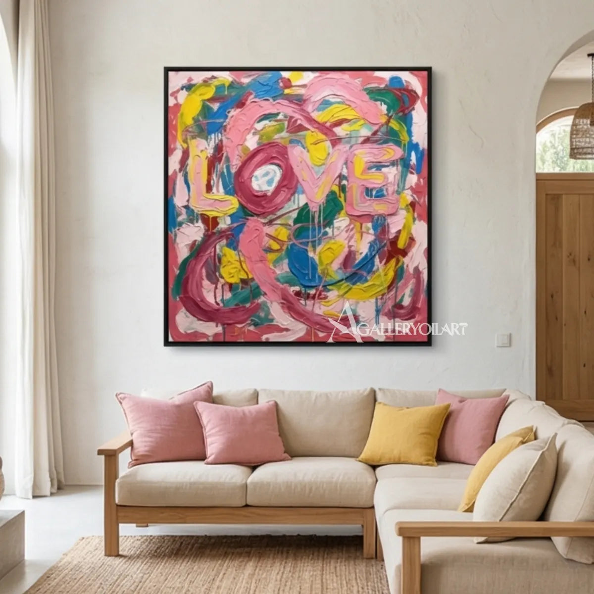Pop art painted LOVE letters in pink, blue, yellow, green, and white wall art in console wall
