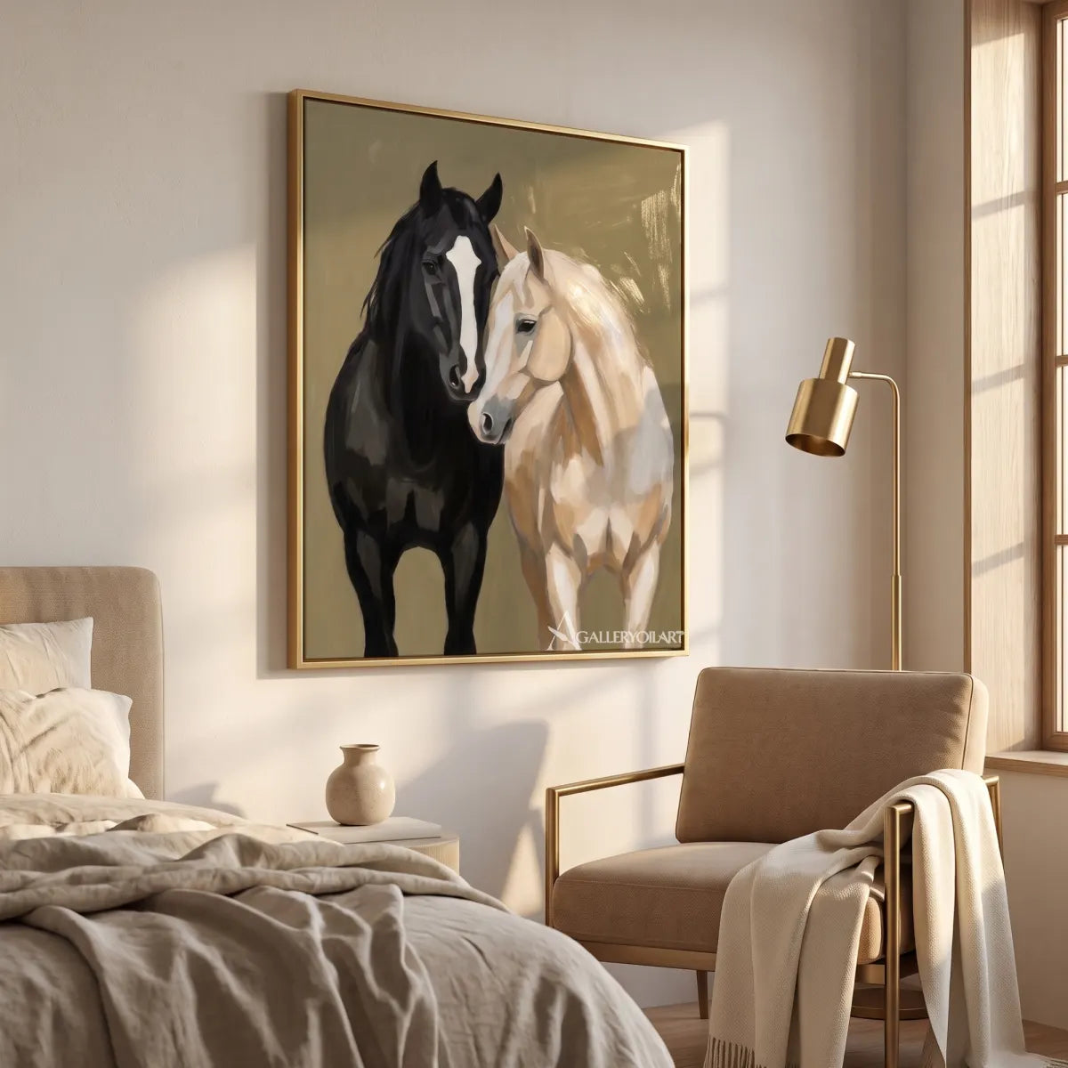 Animal-paired-horse-grace-with-a-black-horse-and-a-light-horse-in-a-bedroom