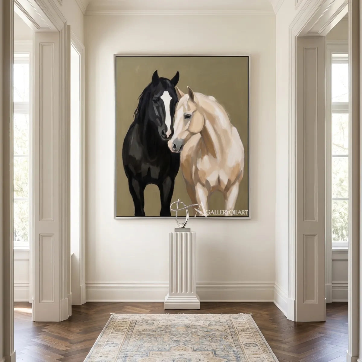 Animal-paired-horse-grace-with-a-black-horse-and-a-light-horse-close-detail