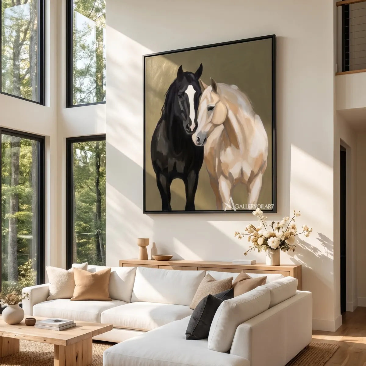 Animal-paired-horse-grace-with-a-black-horse-and-a-light-horse-in-a-living-room