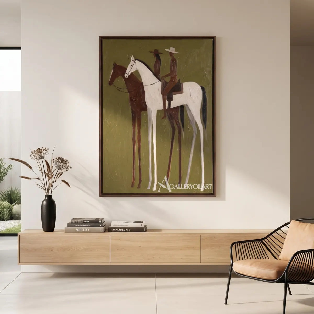 two riders on a white and brown horse-in-western-cowboy-green-console-room