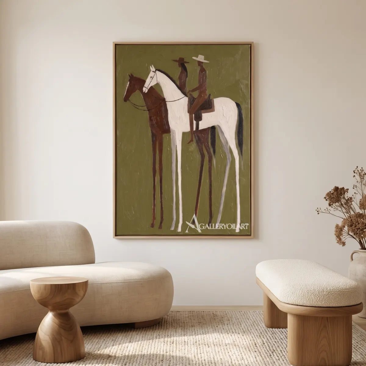 two riders on a white and brown horse-in-western-cowboy-green-styled-interior