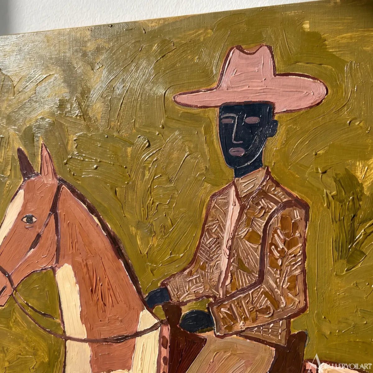Western-Cowboy-patterned-rider-on-a-decorated-horse-in-brown-and-olive-close-detail
