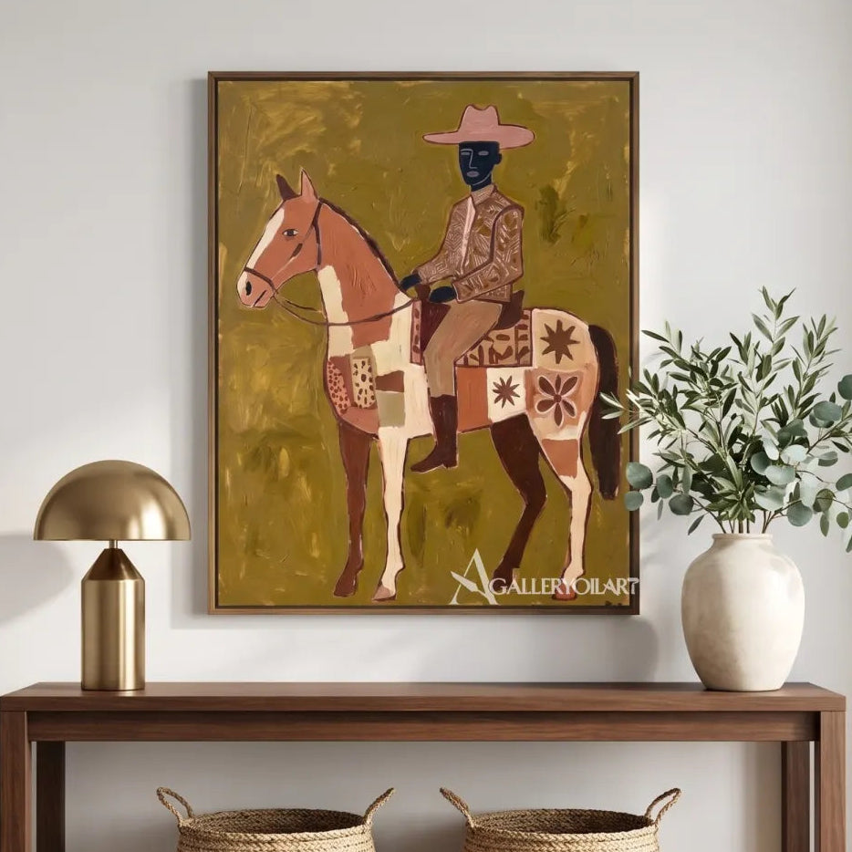 Western-Cowboy-patterned-rider-on-a-decorated-horse-in-brown-and-olive-in-a-modern-entryway
