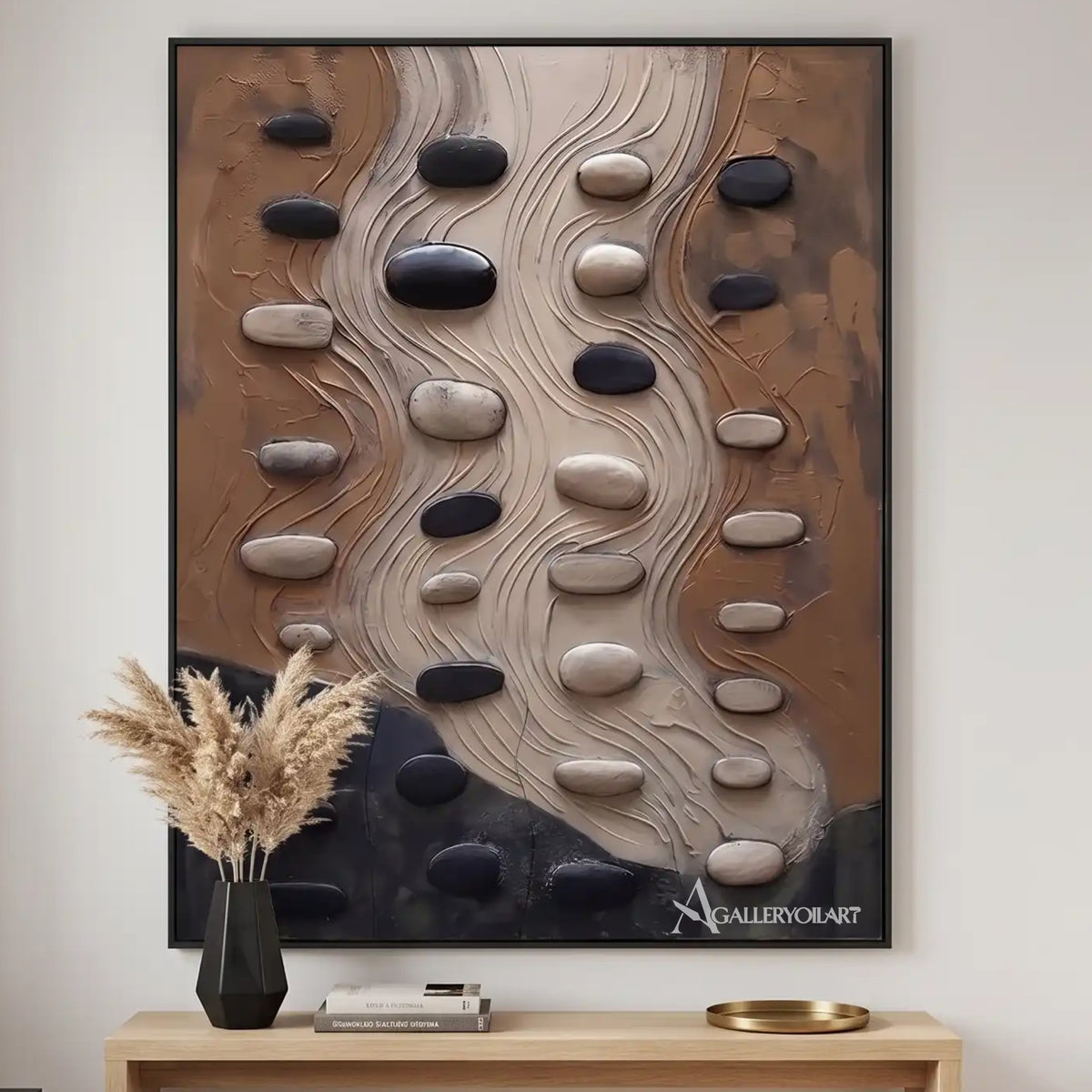 Textured-3D-pebble-flow-beige-and-charcoal-wall-art-in-a-modern-entryway