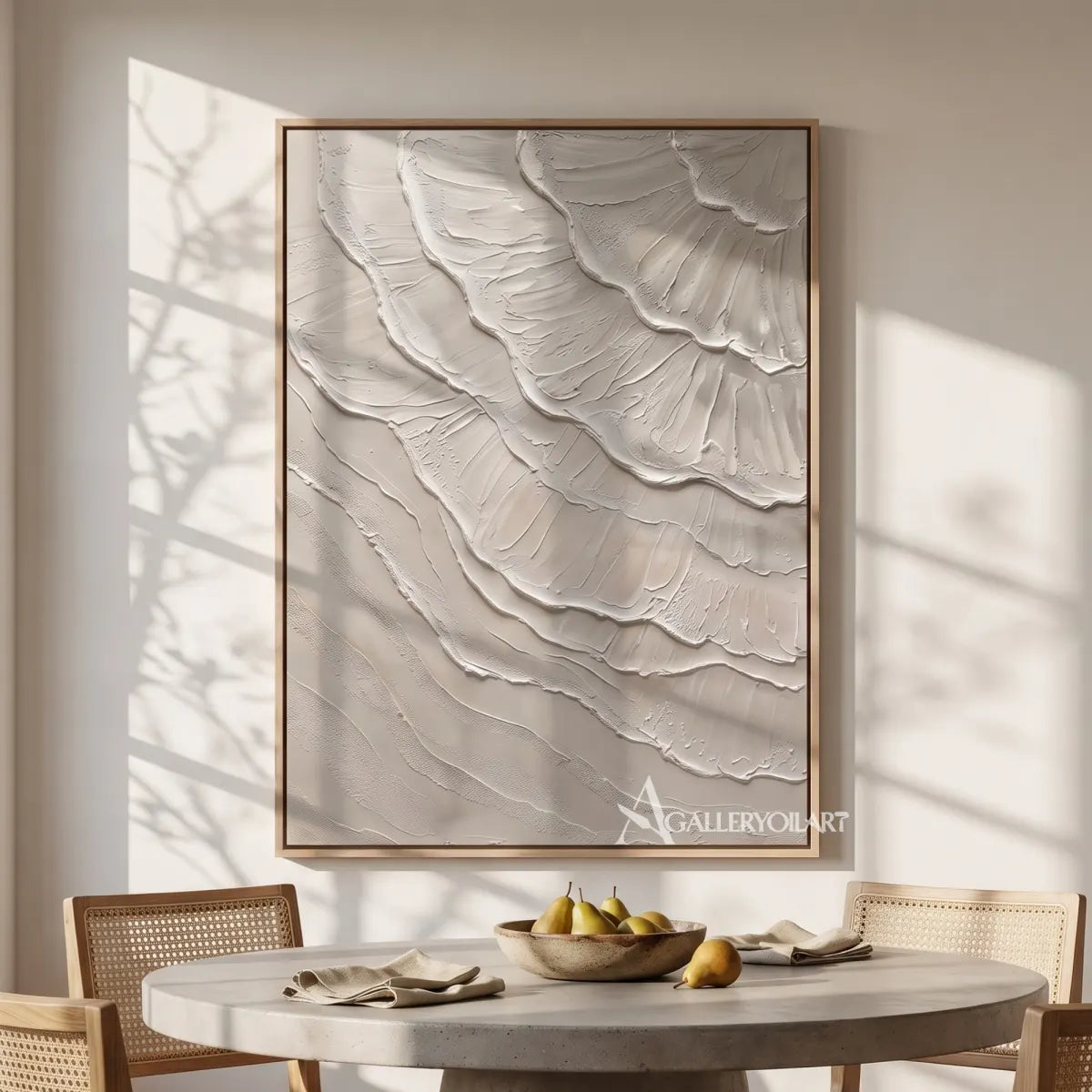 Textured 3D layered petals in beige and warm neutral relief-in-dining-room