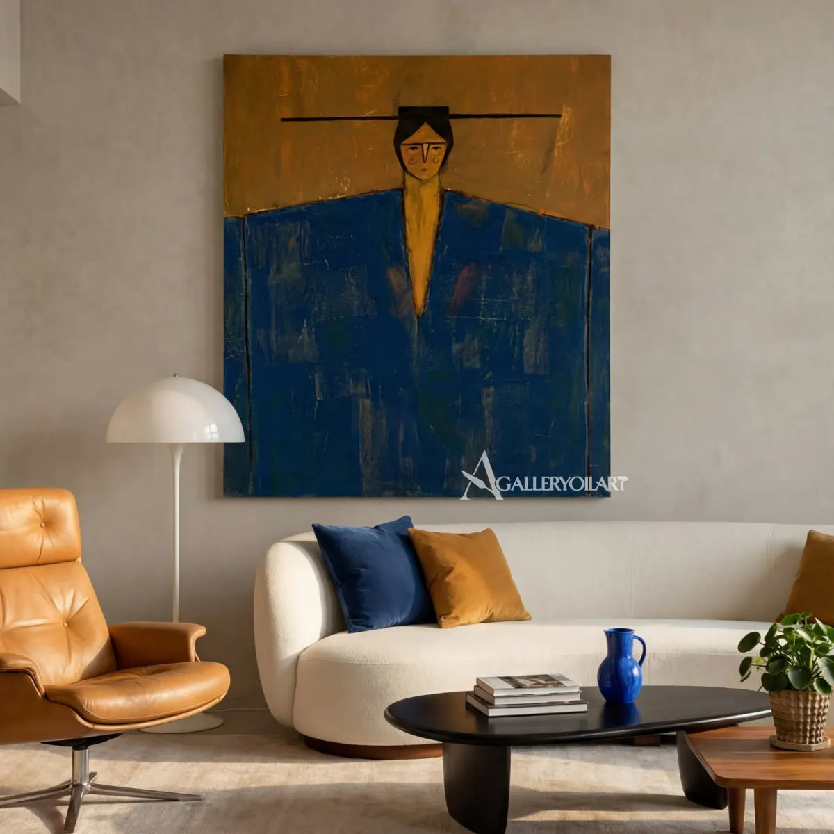 portrait-art-painting-of-a-solitary-figure-in-blue-and-ochre-above-a-living-room-sofa