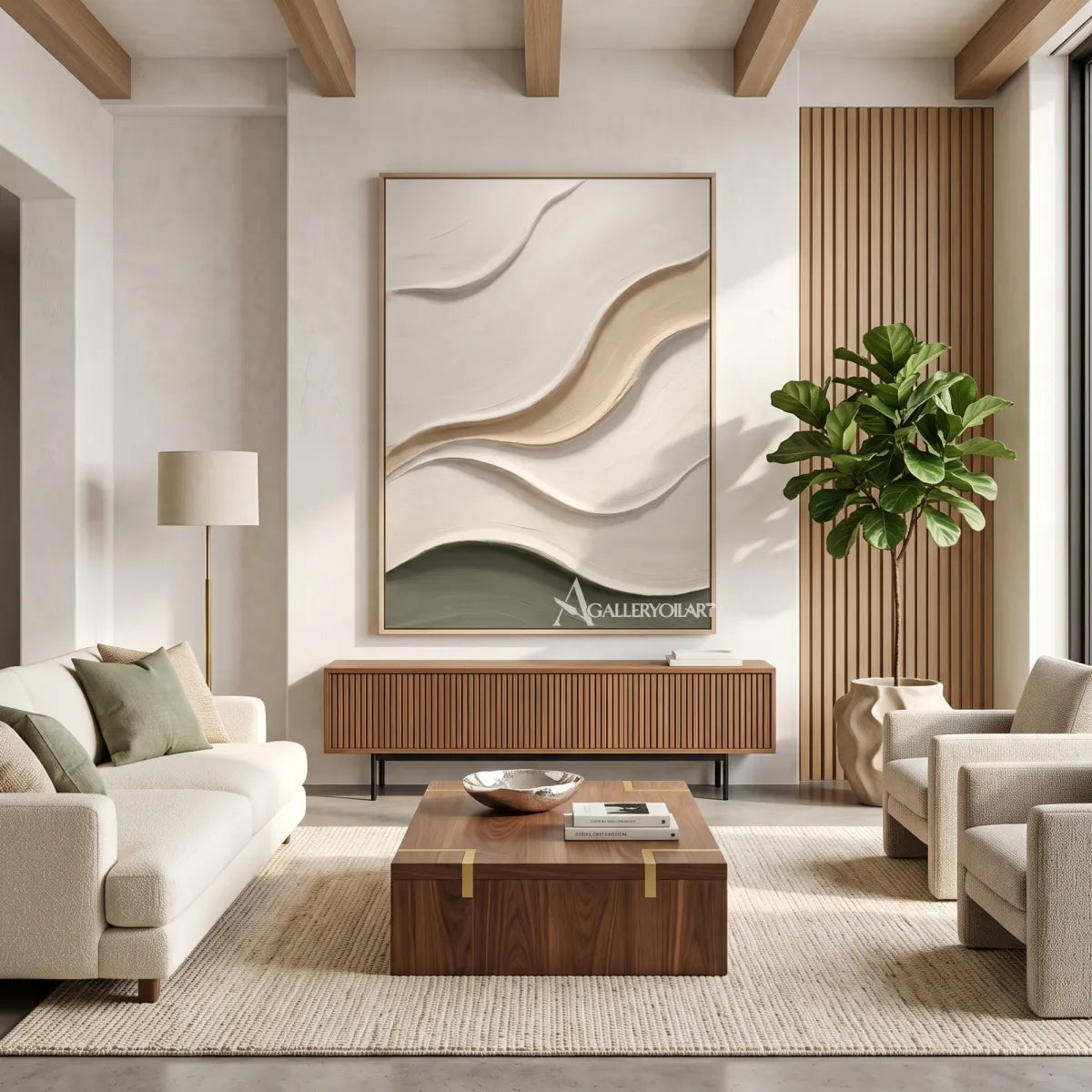 Textured-3D-quiet-arc-passage-in-beige-and-olive-relief-in-a-gathering-room