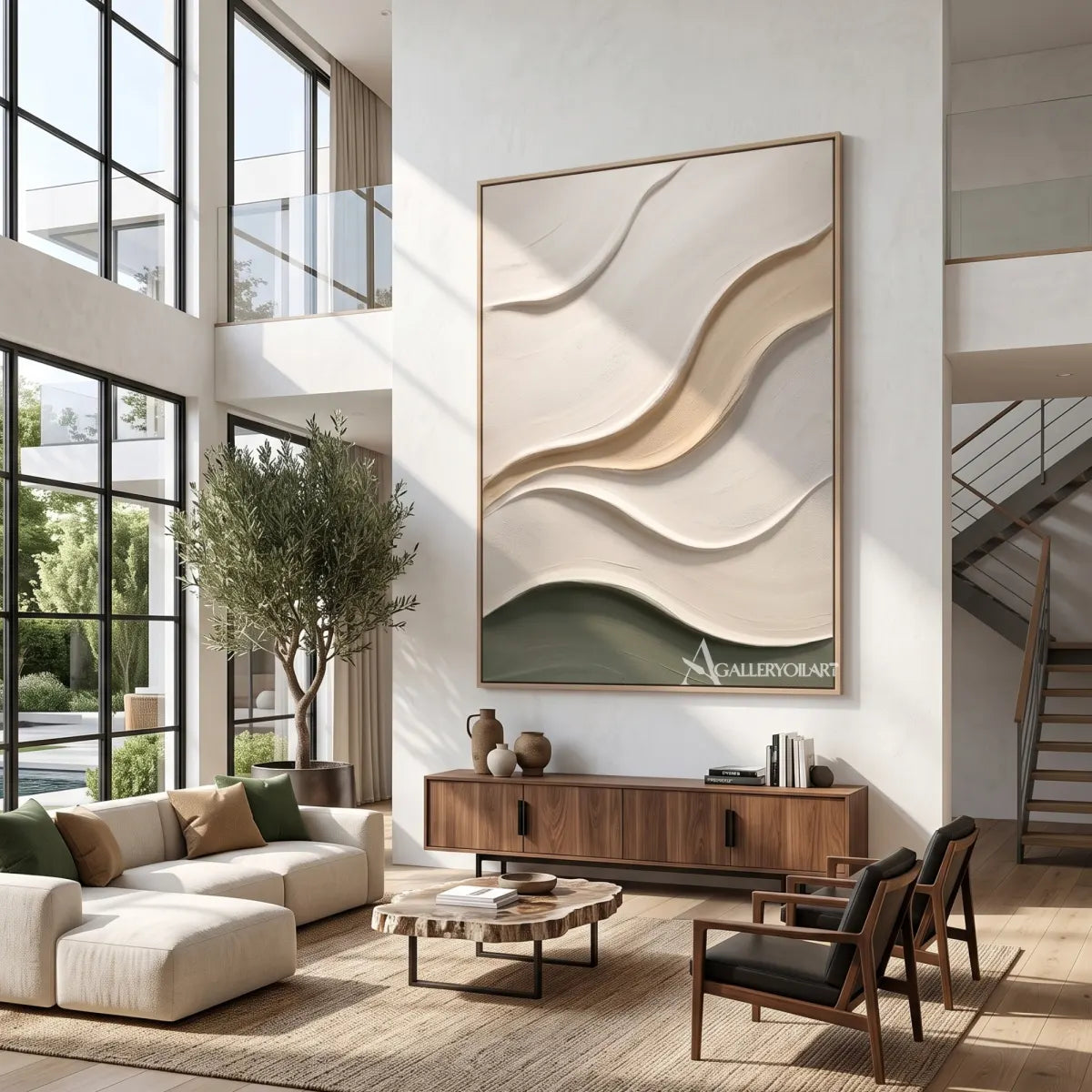 Textured-3D-quiet-arc-passage-in-beige-and-olive-relief-in-a-living-room