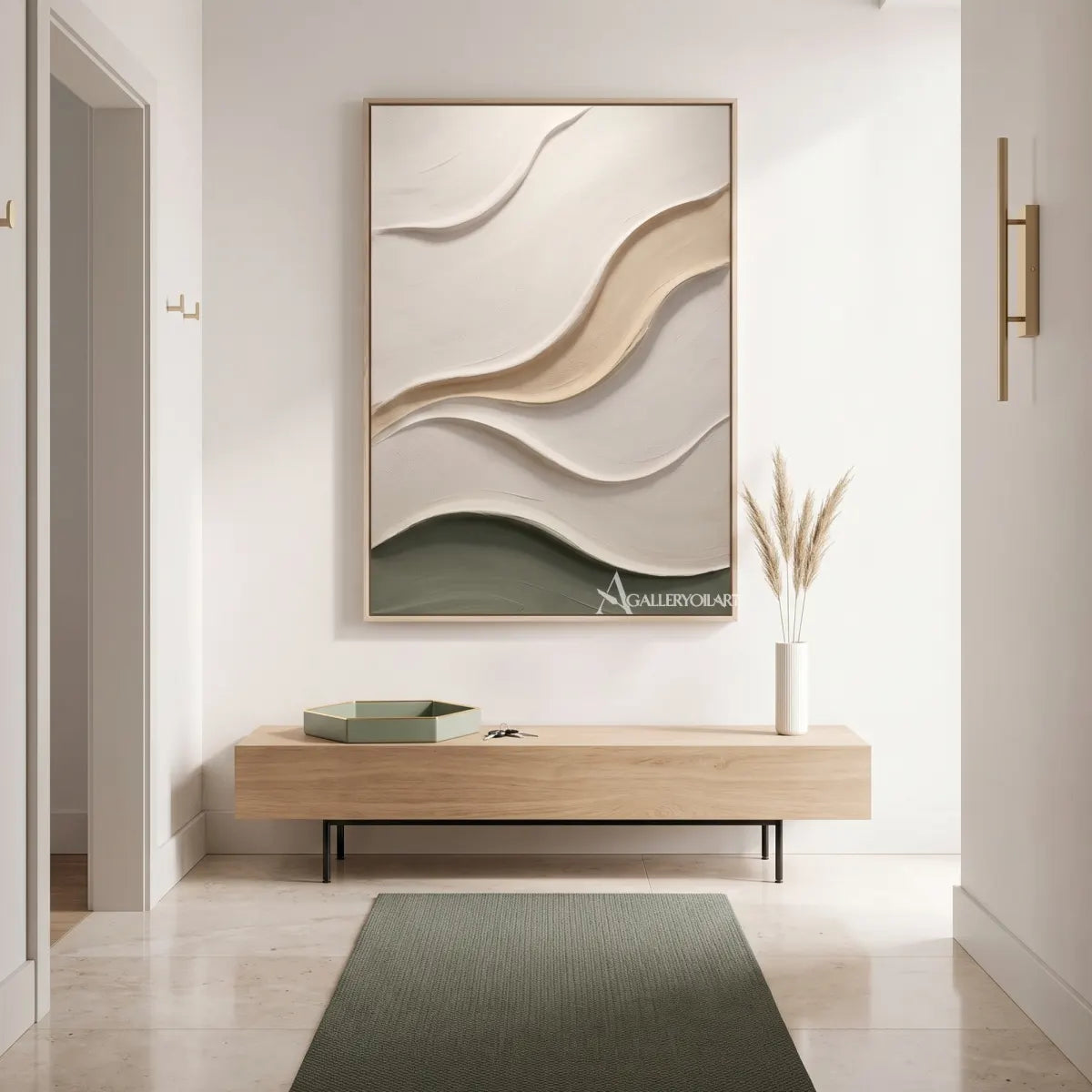 Textured-3D-quiet-arc-passage-in-beige-and-olive-relief-in-a-modern-entryway