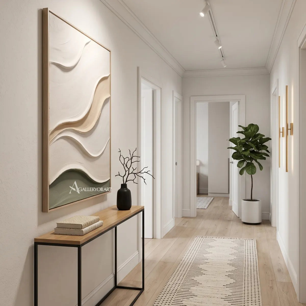 Textured-3D-quiet-arc-passage-in-beige-and-olive-relief-in-a-transitional-corridor