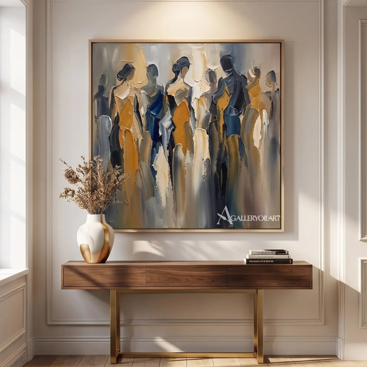 Square-blue-and-ochre-figure-art-displayed-along-a-modern-corridor