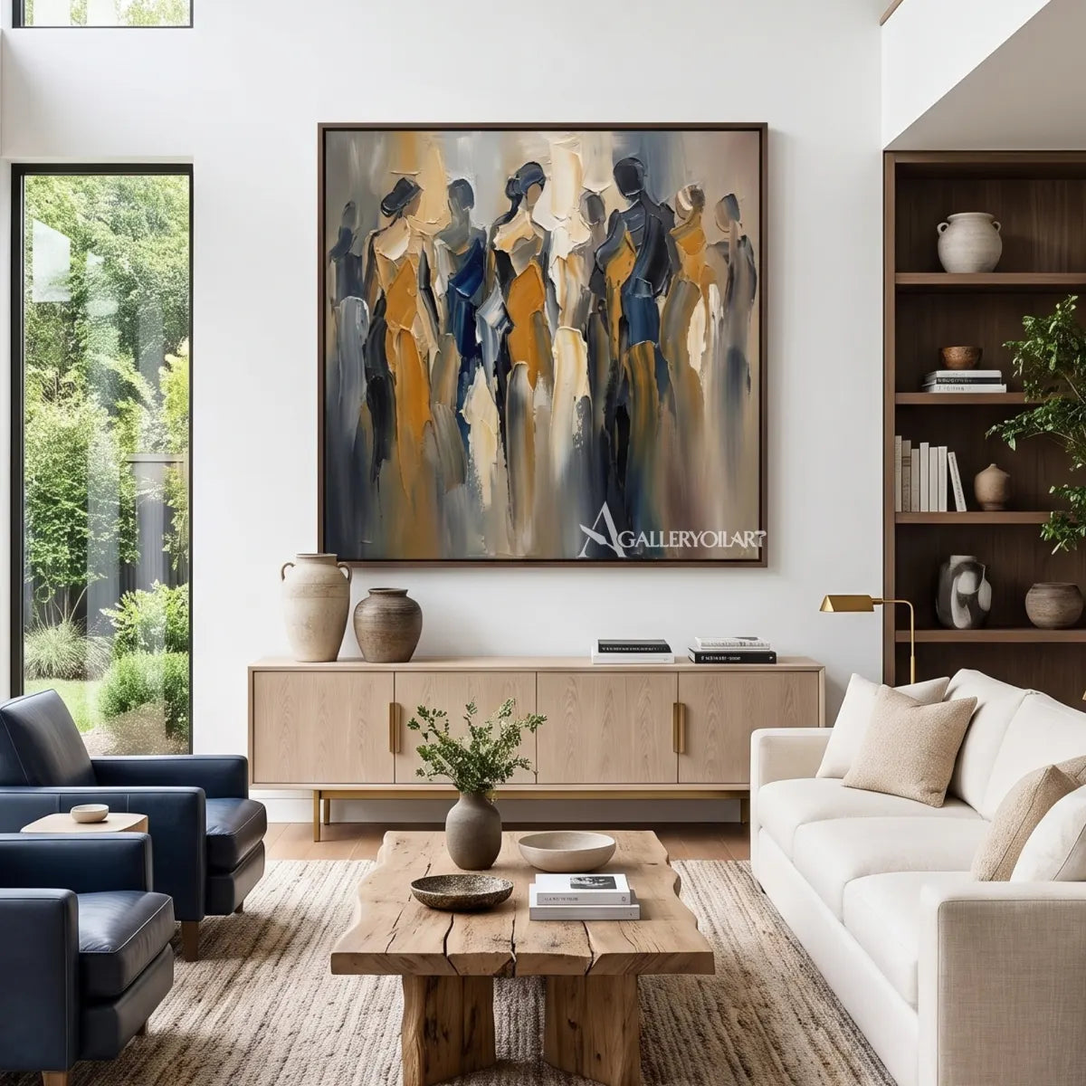 Square-portrait-of-several-figures-in-blue-and-gold-displayed-in-a-living-room