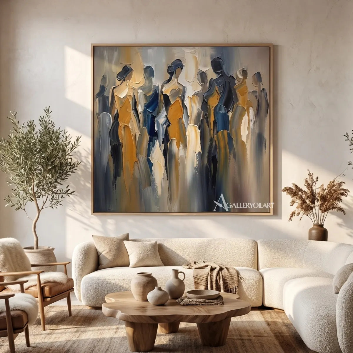 Painterly-gathered-figures-in-blue-ochre-and-cream-in-a-sunlit-room