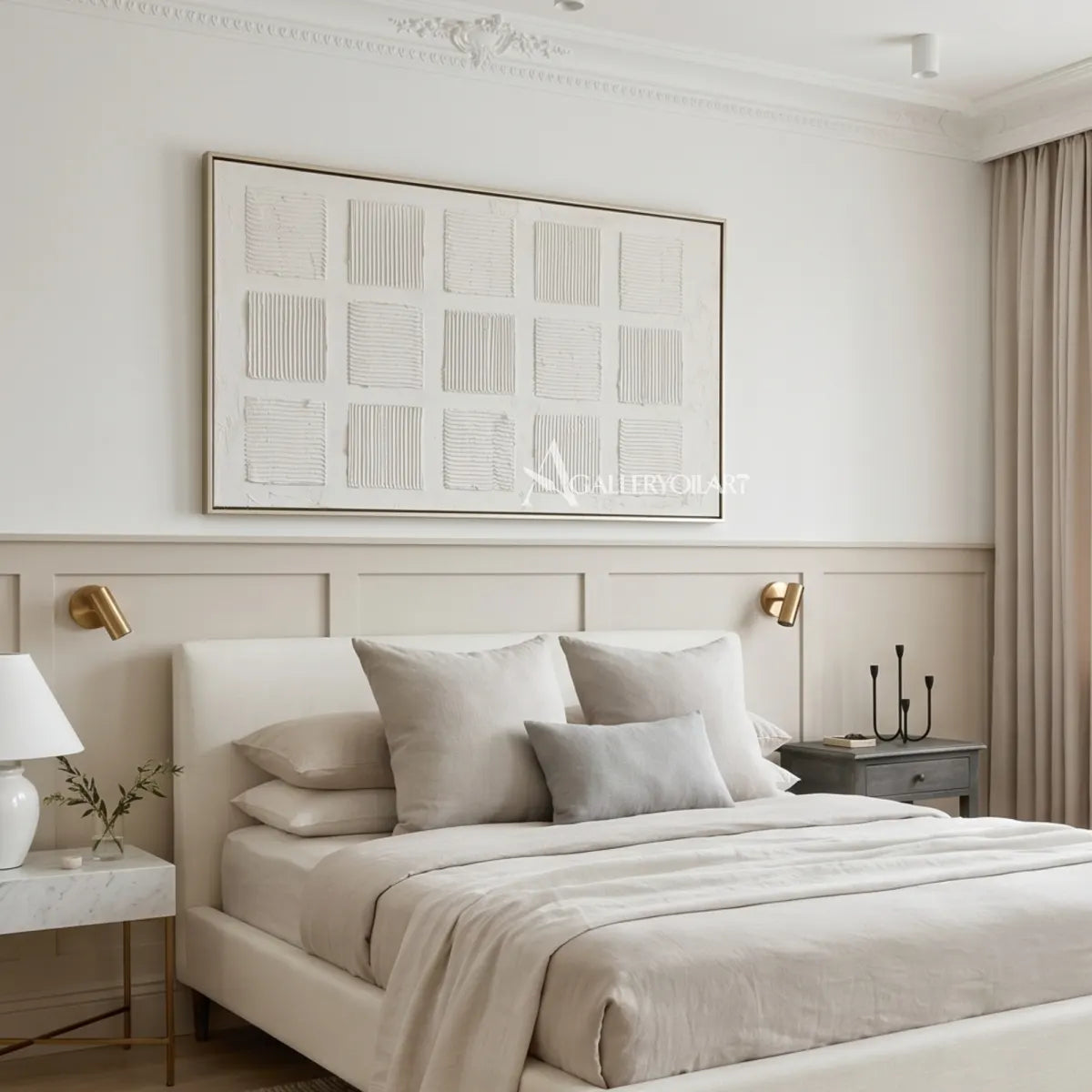 Raised-white-grid-relief-Textured-3D-White-wall-art-in-a-bedroom